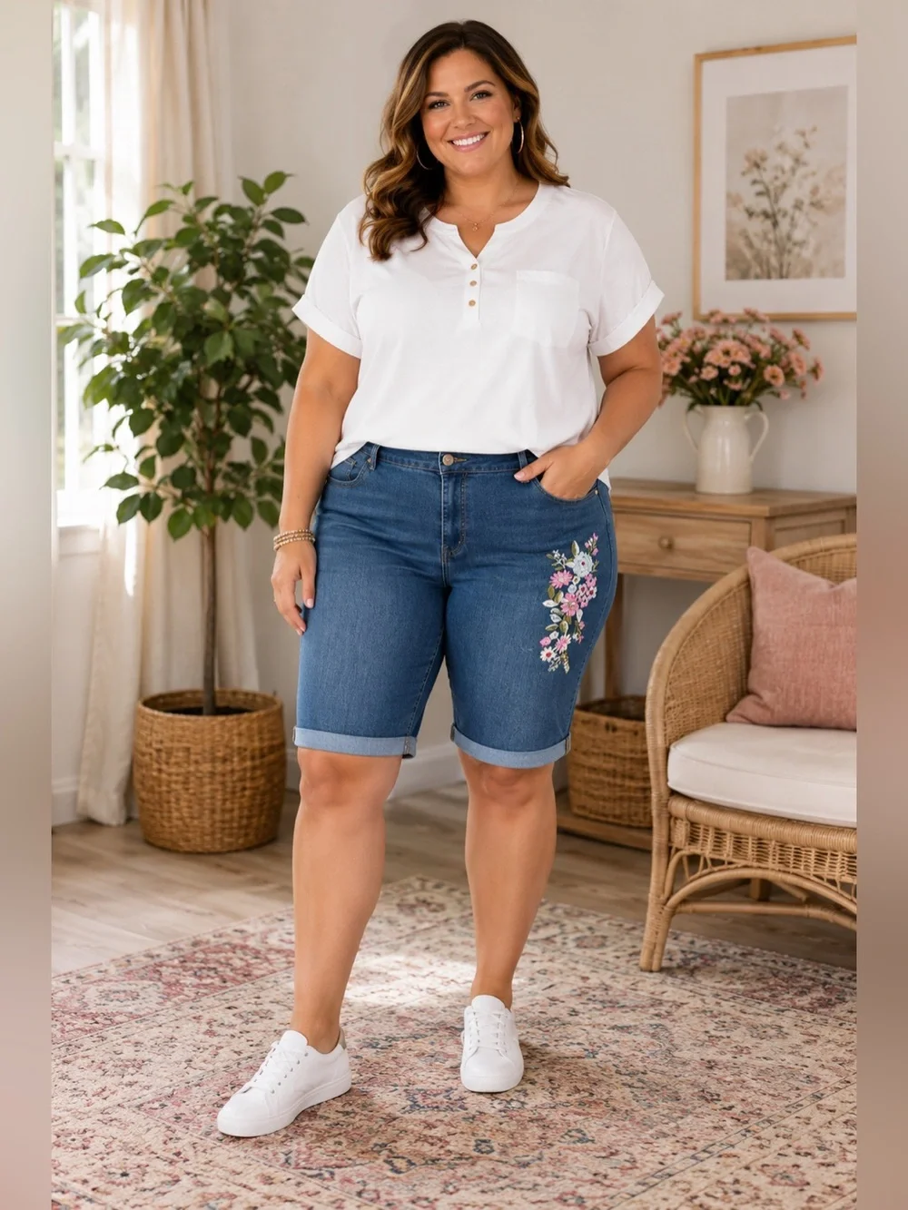 Woman Within Boho Floral Embroidered Denim Bermuda Shorts 32 Stretch